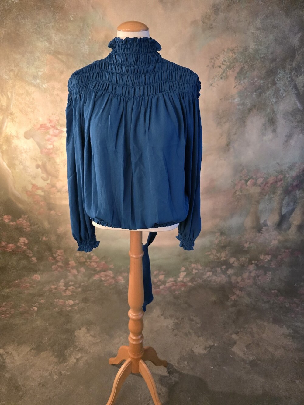 Venus Teal Blue High Neck Smocked Neck And Shoulders Long Sleeve Blouse XS